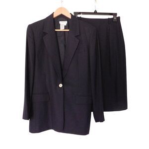 Vintage Talbots Womens Linen Blend Two Piece Skirt Blazer Outfit Sz 4 Navy Blue